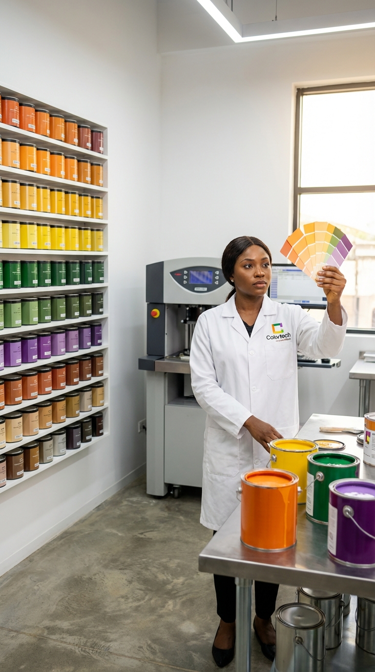 Colortech paint specialist examining color samples in the tinting laboratory
