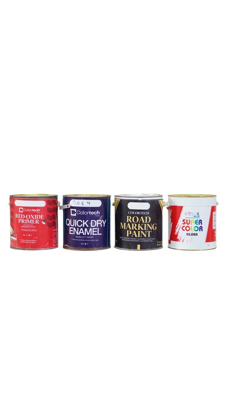Colortech product lineup — Red-Oxide Primer, Quick Dry Enamel, Road Marking Paint, and Super Color Gloss